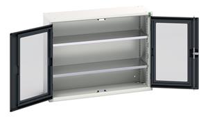 verso window door cupboard with 2 shelves. WxDxH: 1050x350x800mm. RAL 7035/5010 or selected Verso Glazed Clear View Storage Cupboards for Tools with Shelves